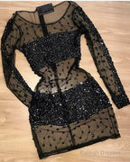 Long Sleeve Black See Through Homecoming Dresses Crystal Beaded