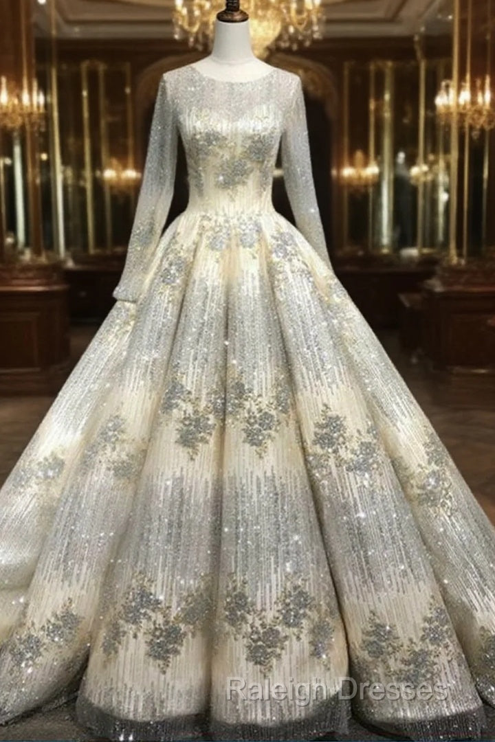 Long Sleeve Luxury Diamond Sparkly Wedding Dress Prom Dress Main image