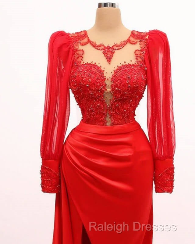 Long Sleeve Mermaid Applqiue Dress With Slit