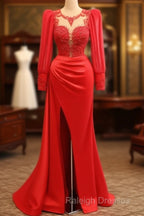 Long Sleeve Mermaid Applqiue Dress With Slit