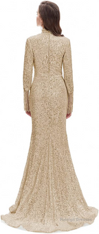 Long Sleeve Mermaid Prom Dresses Silver Sequins Trumpet