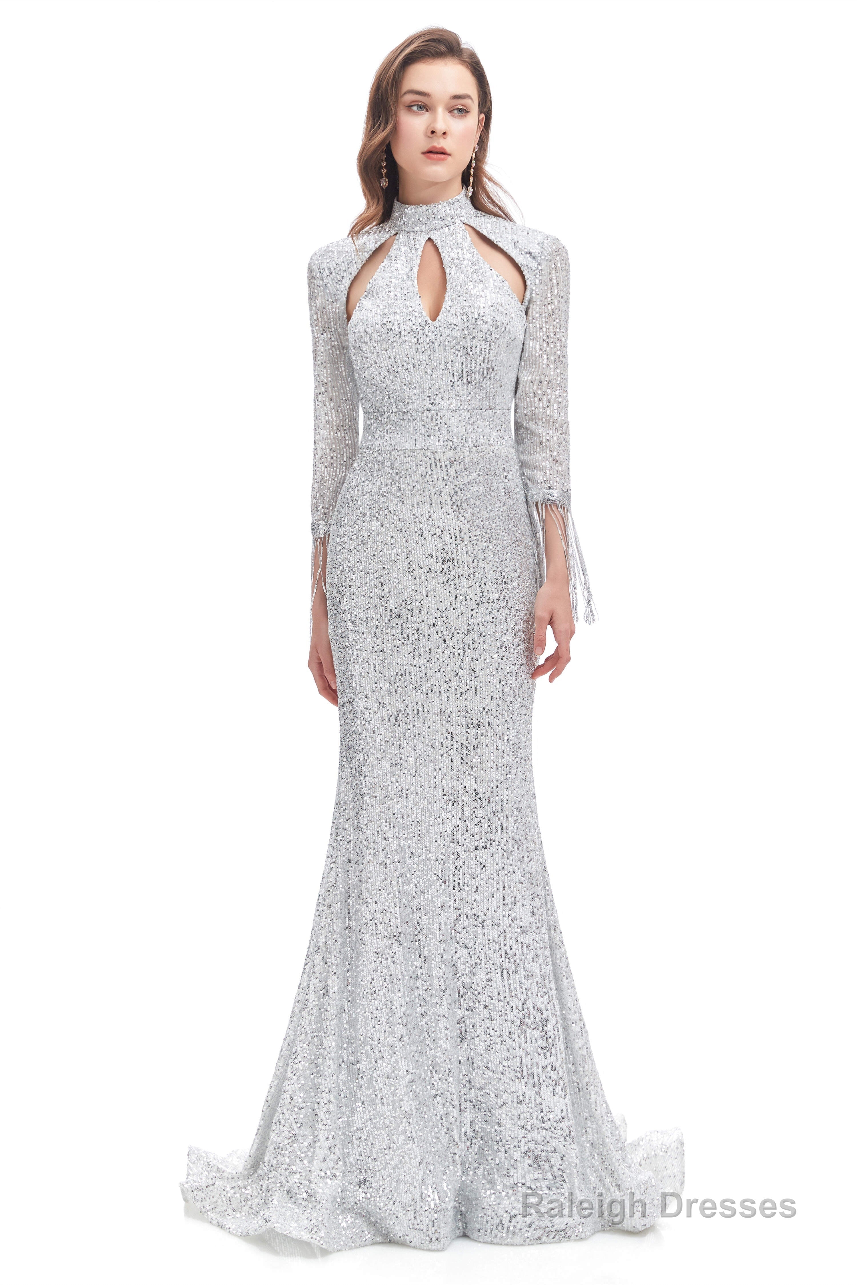 Long Sleeve Mermaid Prom Dresses Silver Sequins Trumpet Main image