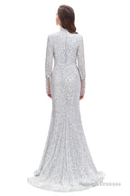 Long Sleeve Mermaid Prom Dresses Silver Sequins Trumpet