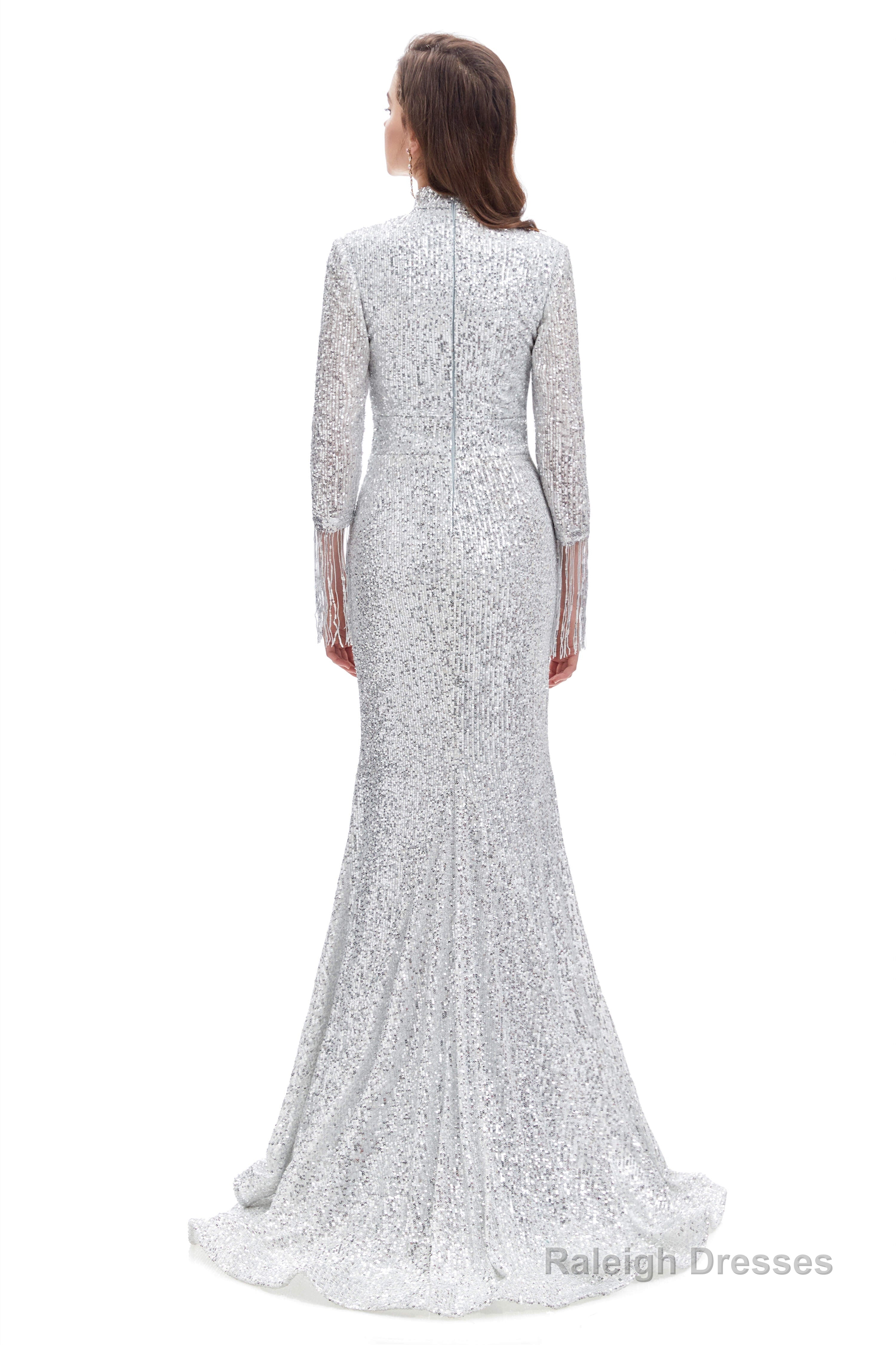 Long Sleeve Mermaid Prom Dresses Silver Sequins Trumpet