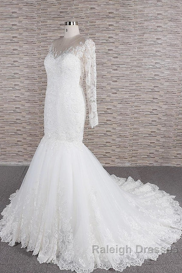 Long Sleeve Mermaid Sweetheart Appliques Lace Backless Wedding Dress