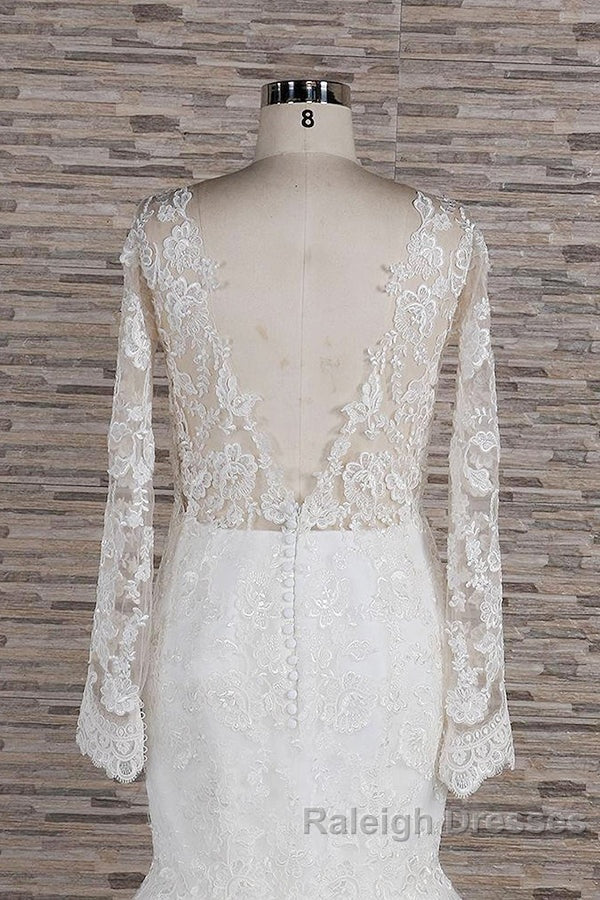 Long Sleeve Mermaid Sweetheart Appliques Lace Backless Wedding Dress