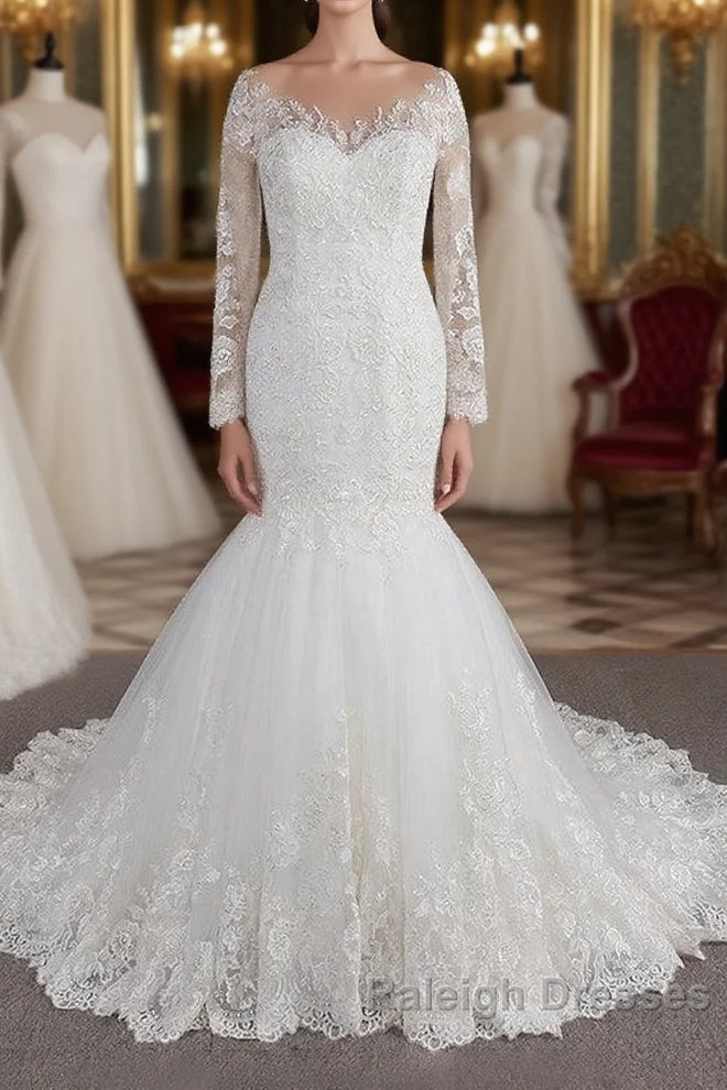 Long Sleeve Mermaid Sweetheart Appliques Lace Backless Wedding Dresses Main image