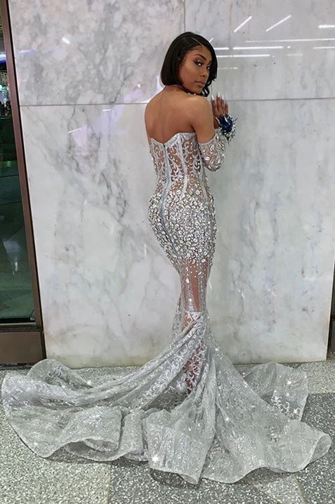 Long Sleeve Off The Shoulder Silver Black Girl Prom Dress Mermaid Illusion Beads Crystals Prom Gown Cheap