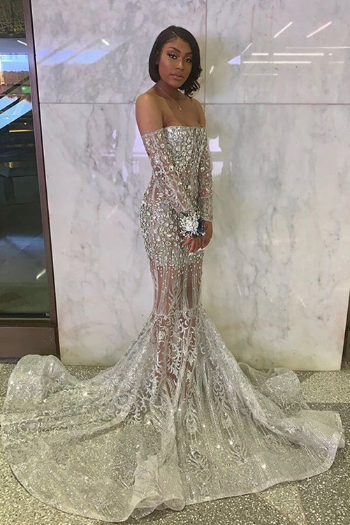 Long Sleeve Off The Shoulder Silver Black Girl Prom Dress Mermaid Illusion Beads Crystals Prom Gown Cheap