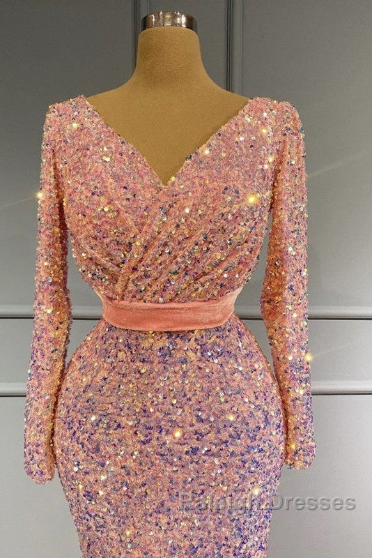 Long Sleeve Pink Mermaid Sequin Prom Dresses