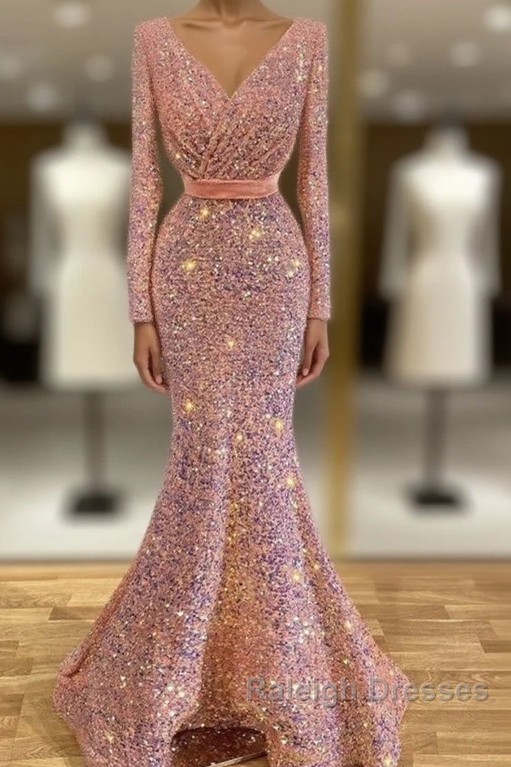 Long Sleeve Pink Mermaid Sequin Prom Dresses