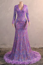 Long Sleeve Purple Prom Dresses for Teens Black Girls Luxury Feather Hem Plus Size Evening Gown Womens Sequin Party Dress