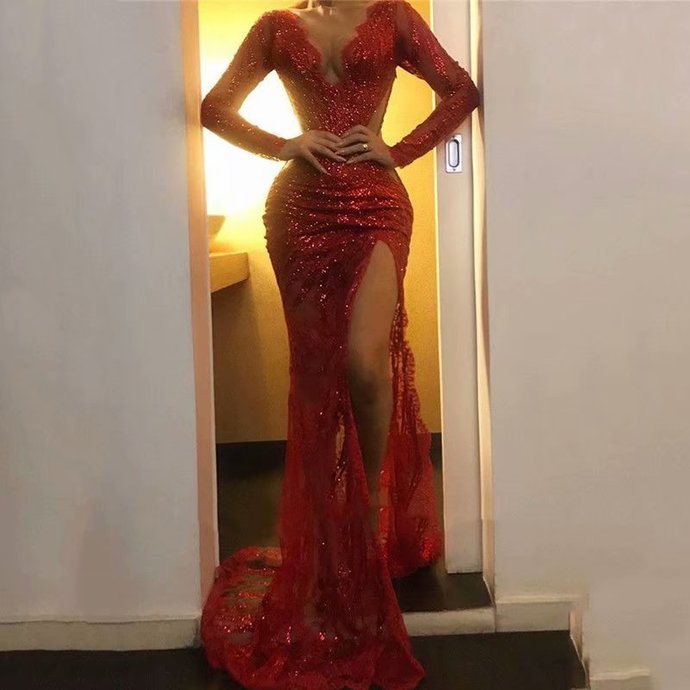 Long Sleeve Red Prom Dress Long Prom Dress