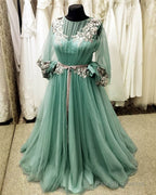 Long Sleeve Sage Green Tulle Dress With Lace Embroidery
