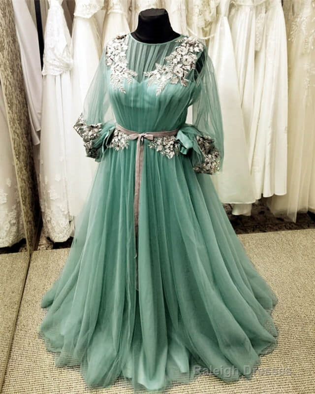 Long Sleeve Sage Green Tulle Dress With Lace Embroidery