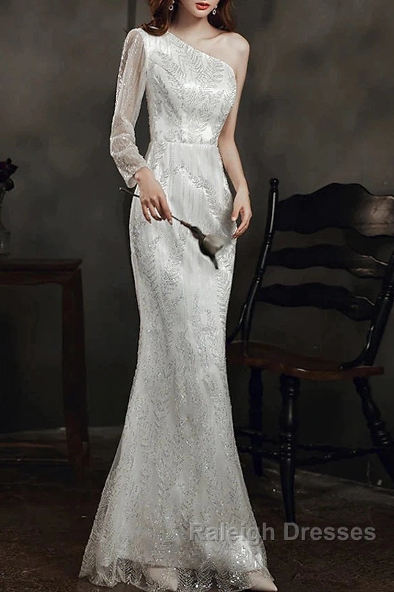 Long Sleeve Sequin Champagne Prom Dress