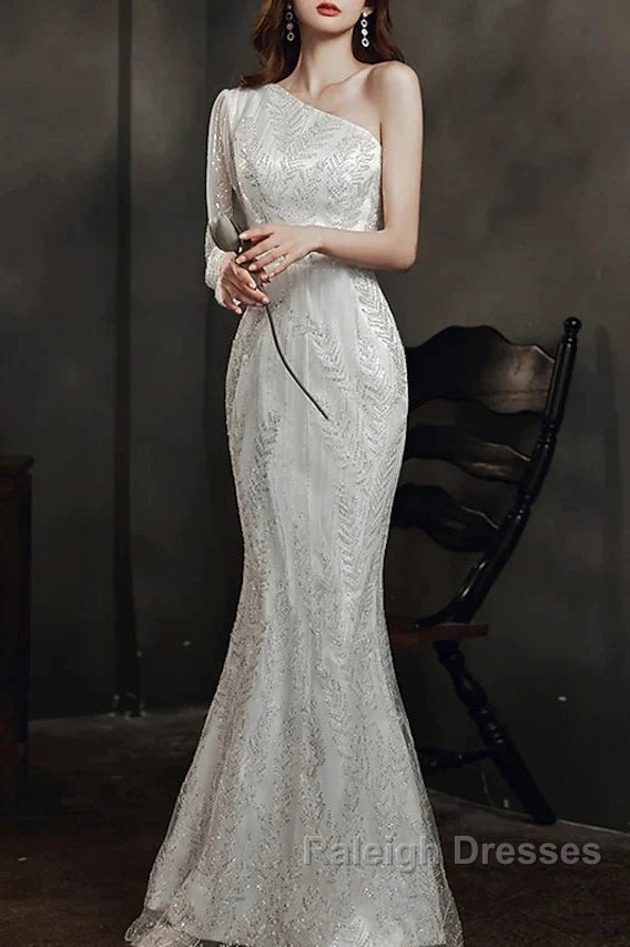 Long Sleeve Sequin Champagne Prom Dress