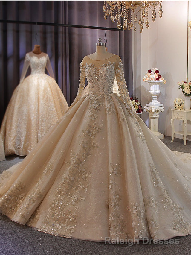Long Sleeve Sequins Backless Beading Appliques Wedding Dress Main image