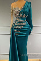 Long Sleeve Sheer Beading Ruched Satin Green Trumpet Mermaid Prom Dresses