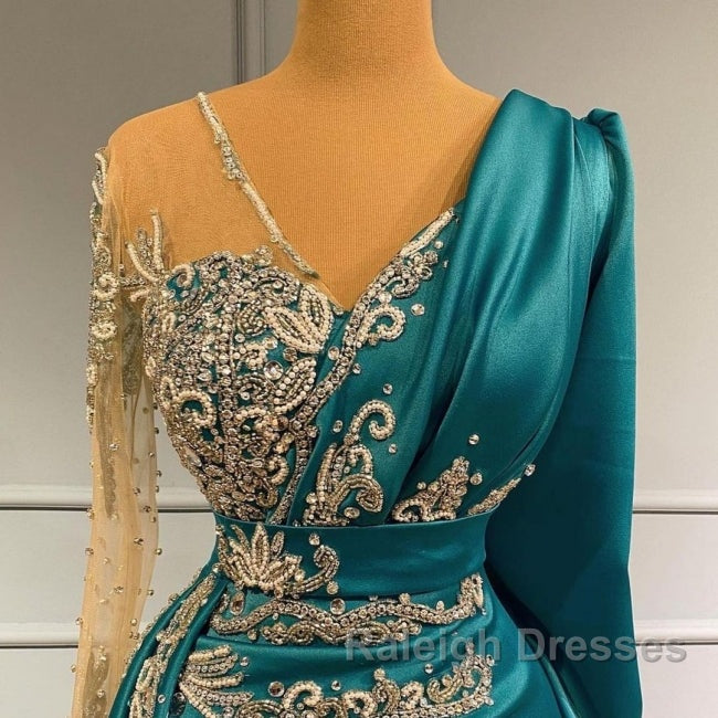 Long Sleeve Sheer Beading Ruched Satin Green Trumpet Mermaid Prom Dresses