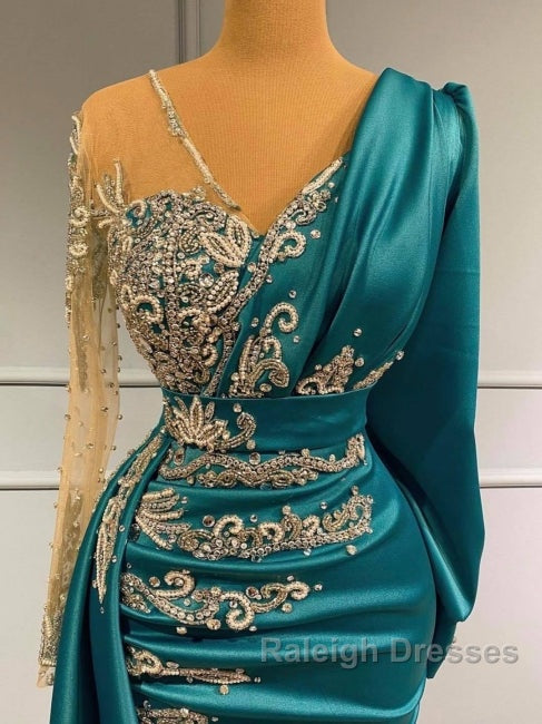 Long Sleeve Sheer Beading Ruched Satin Green Trumpet Mermaid Prom Dresses