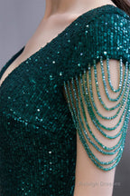 Long Sleeve V Neck Lace Prom Dresses Thin Cap Sleeve