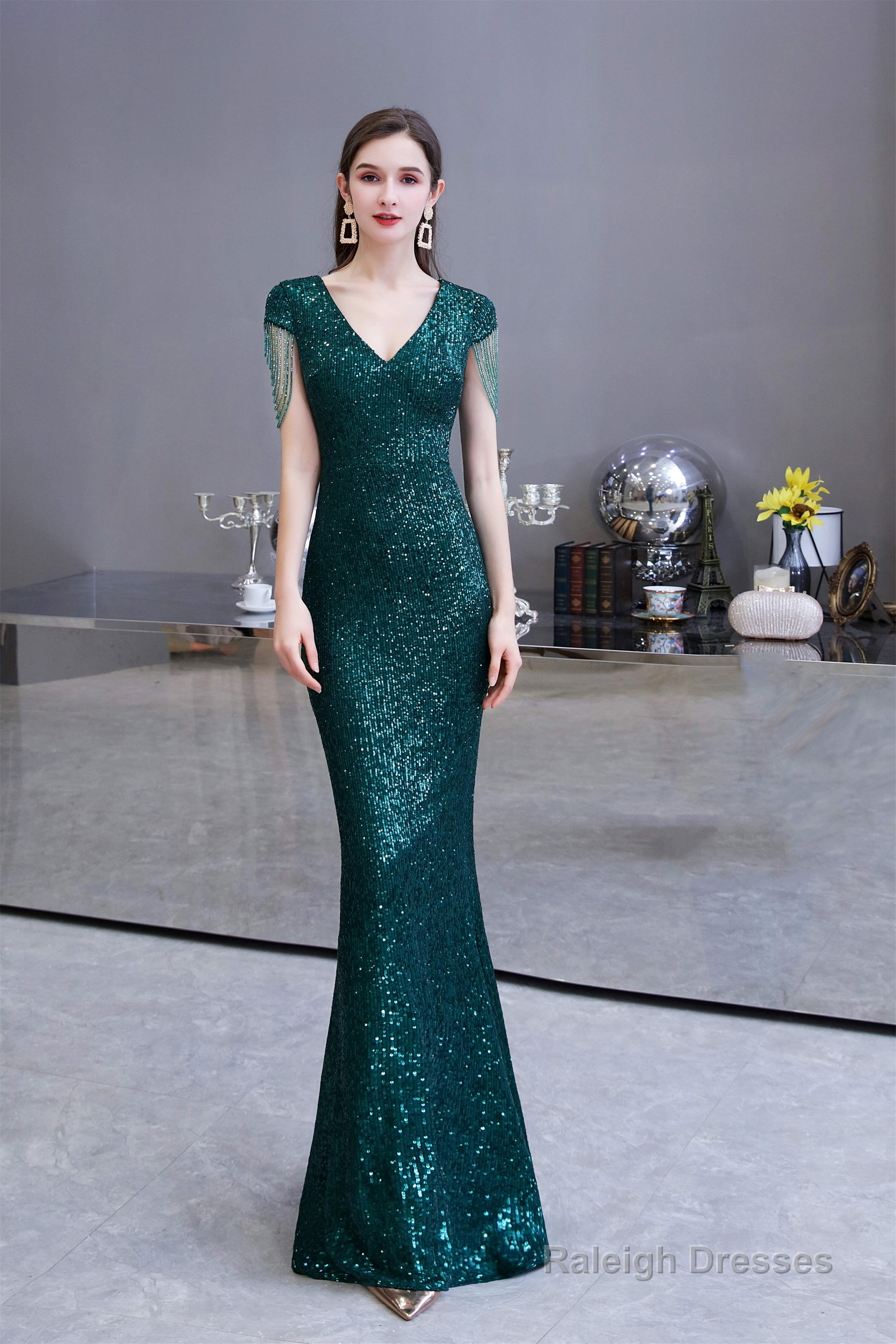 Long Sleeve V Neck Lace Prom Dresses Thin Cap Sleeve Main image