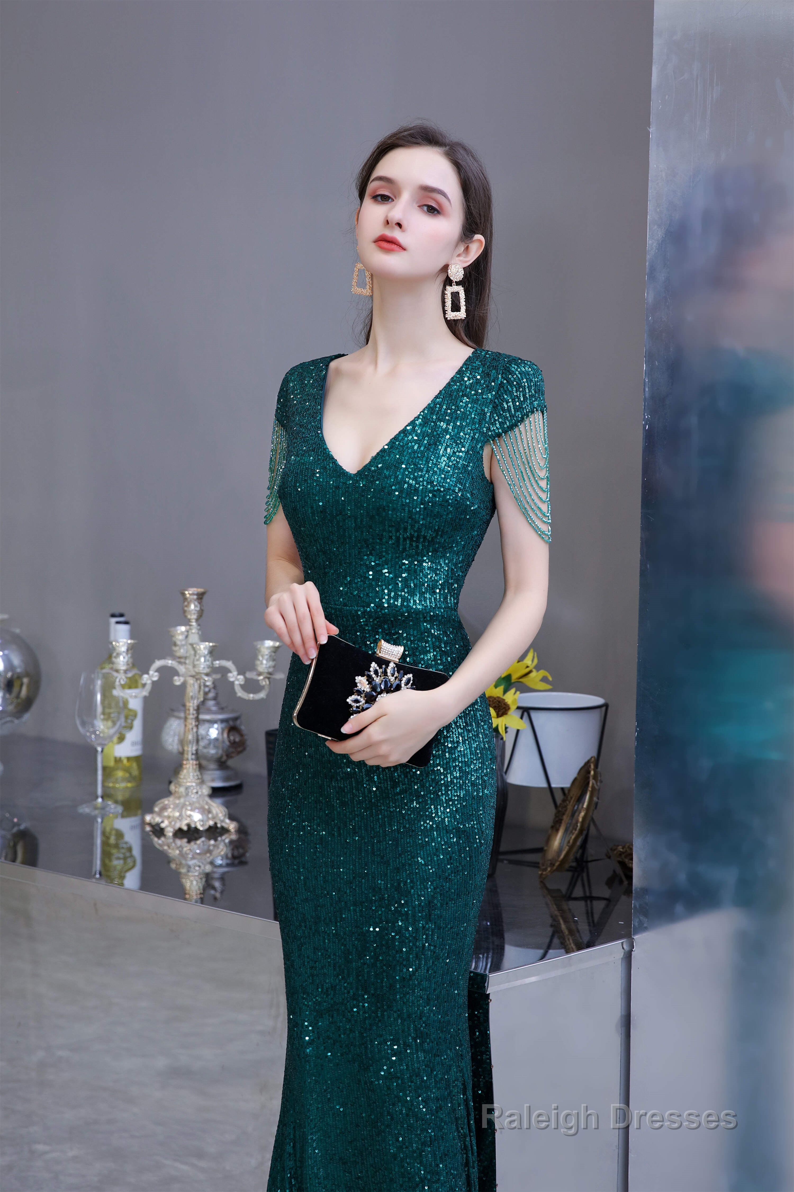 Long Sleeve V Neck Lace Prom Dresses Thin Cap Sleeve