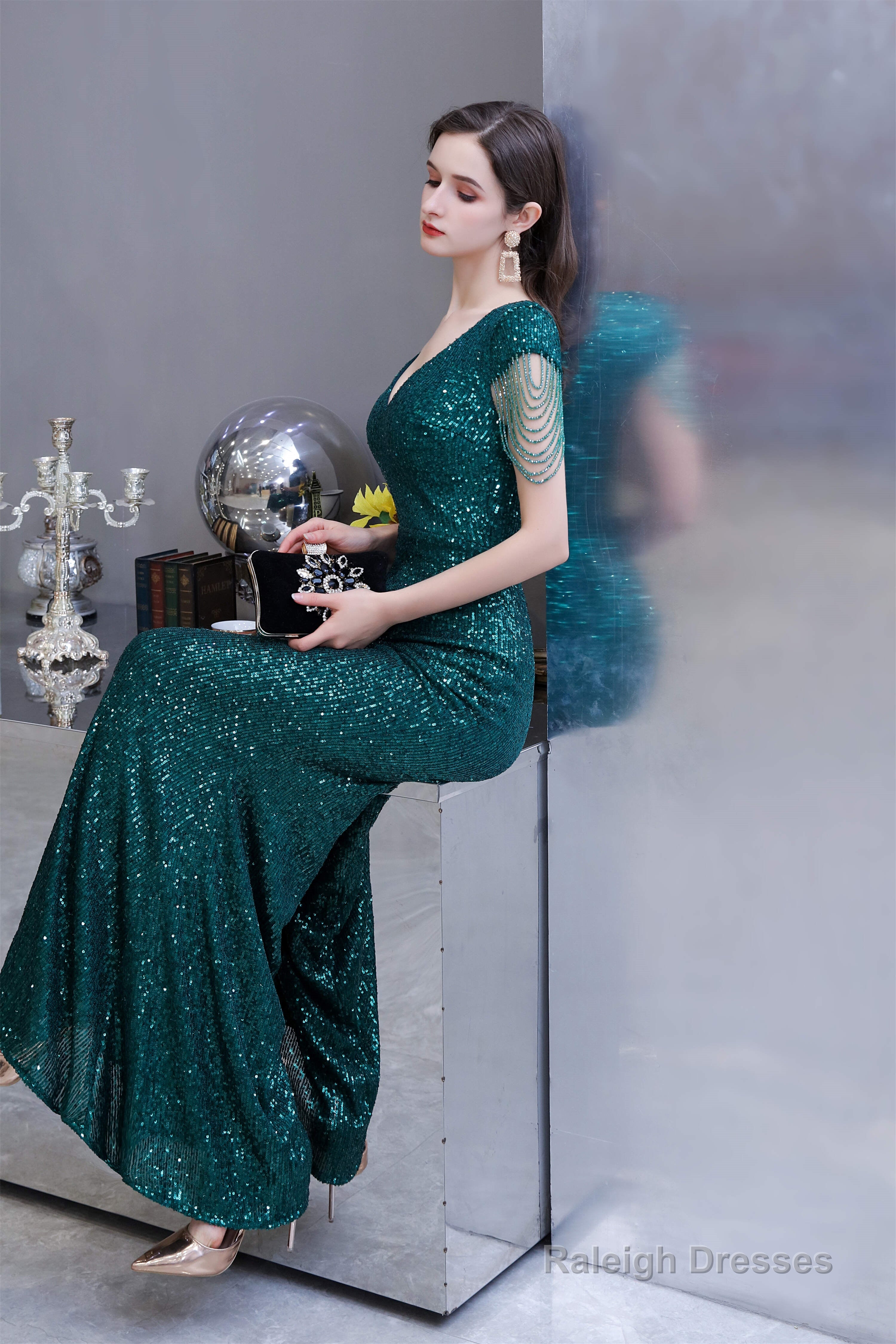 Long Sleeve V Neck Lace Prom Dresses Thin Cap Sleeve