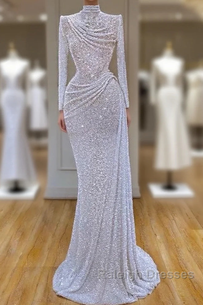 Long Sleeve White Sequin Pleated Long Prom Dress Main image