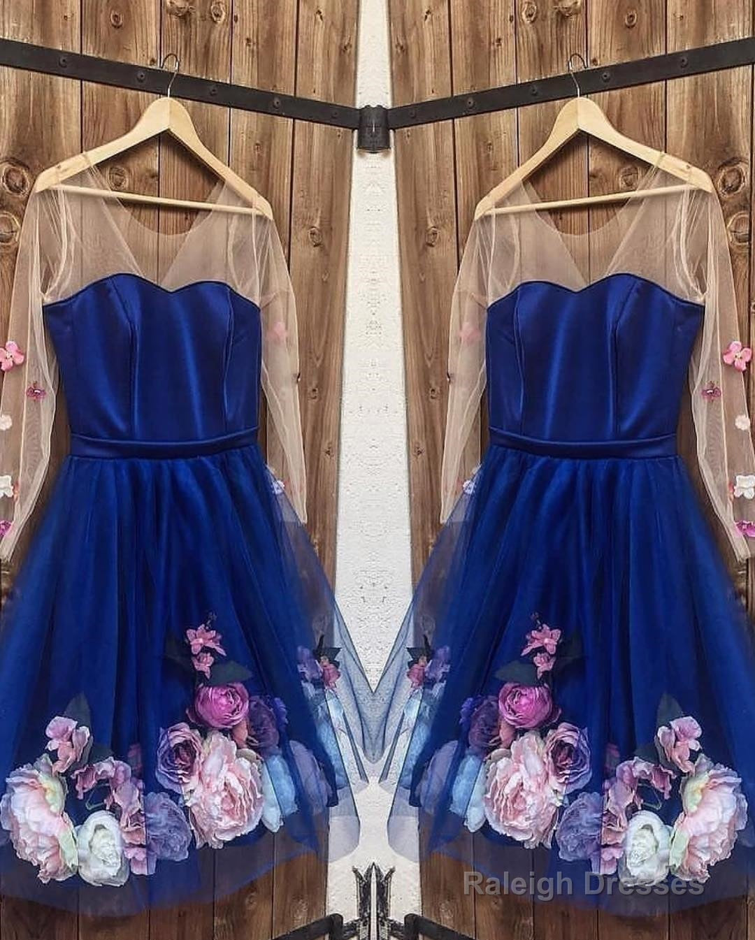 Long Sleeves 3D Floral Short Blue Prom Dresses, Short Blue Formal Graduation Homecoming Dresses Secondary image