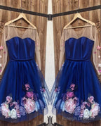 Long Sleeves 3D Floral Short Blue Prom Dresses, Short Blue Formal Graduation Homecoming Dresses