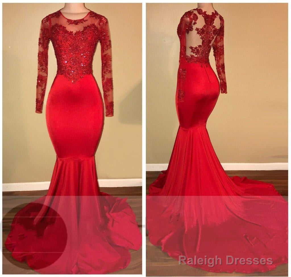 Long-Sleeves Appliques Red Mermaid Prom Dresses Main image