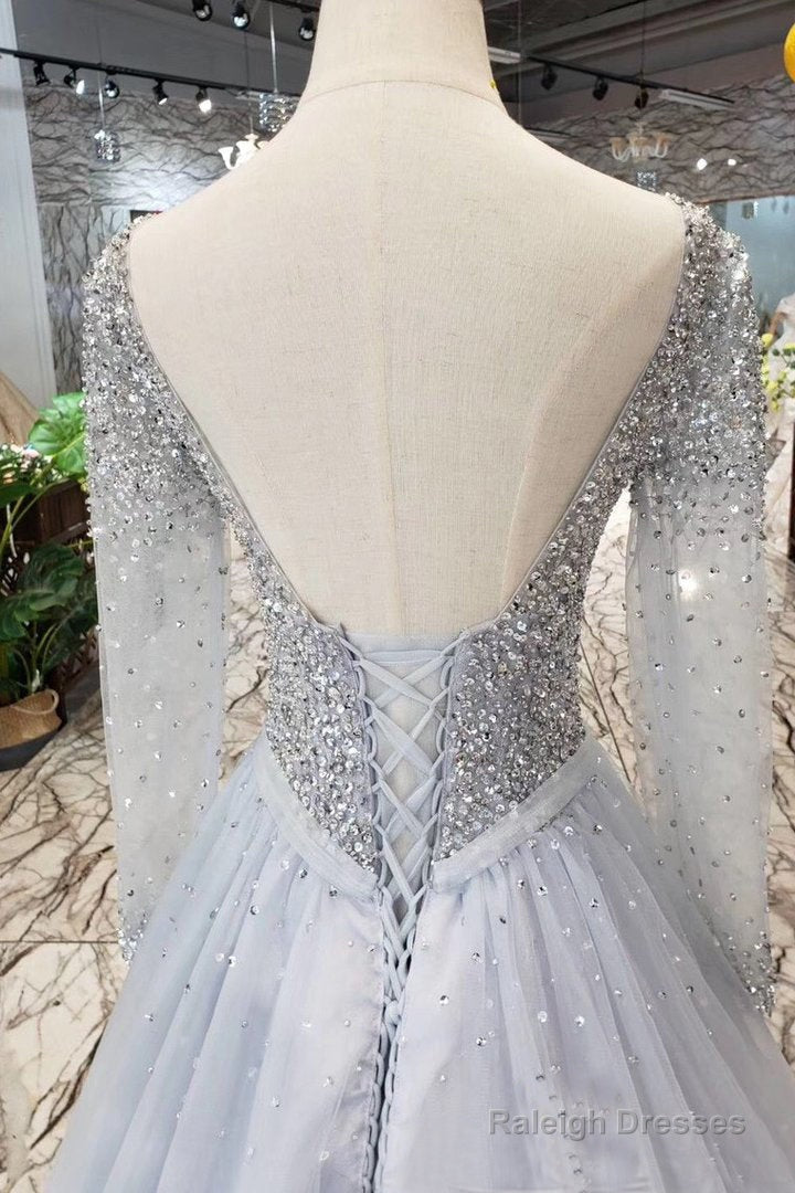 Long Sleeves Beading V-Neck Tulle Prom Dresses Secondary image