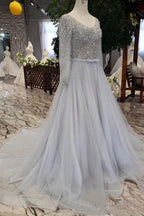 Long Sleeves Beading V-Neck Tulle Prom Dress