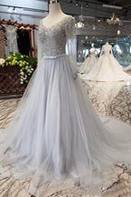 Long Sleeves Beading V-Neck Tulle Prom Dresses
