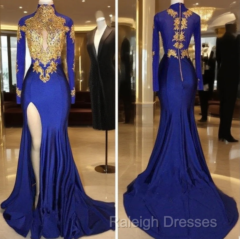 Long Sleeves Blue Gold Prom Dresses  Side Slit Evening Gowns