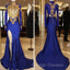 Long Sleeves Blue Gold Prom Dresses  Side Slit Evening Gowns