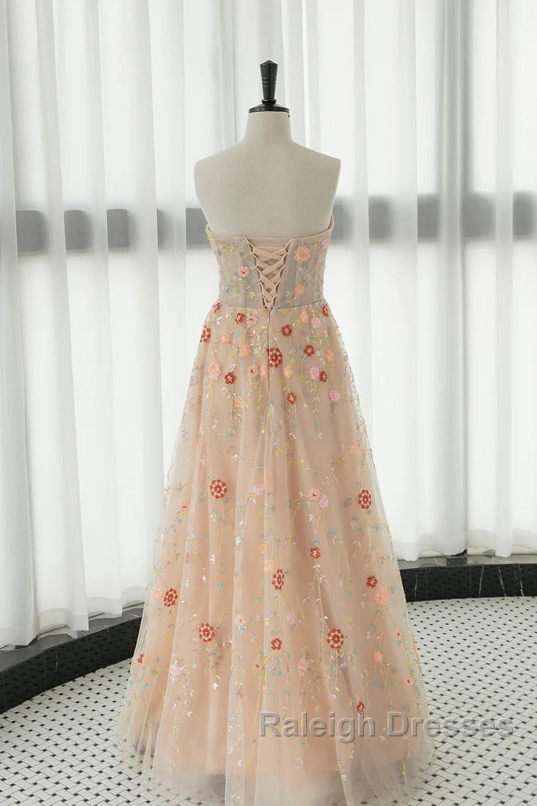 Long Sleeves Champagne Lace Floral Long Prom Dresses, Long Sleeves Champagne Lace Floral Formal Evening Dresses Secondary image