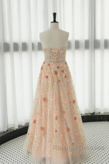 Long Sleeves Champagne Lace Floral Long Prom Dresses, Long Sleeves Champagne Lace Floral Formal Evening Dresses