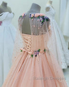 Long Sleeves Evening Dress Tulle Flowers Beaded