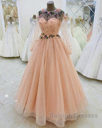 Long Sleeves Evening Dress Tulle Flowers Beaded