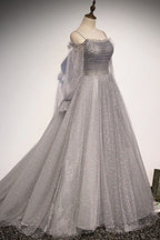 Grey Shiny Elegant Long Sleeves Long Tulle Prom Dress Formal Dress Evening Gown Graduation Dress