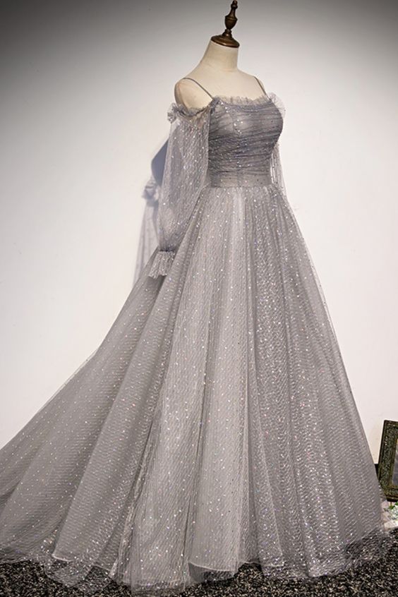 Grey Shiny Elegant Long Sleeves Long Tulle Prom Dress Formal Dress Evening Gown Graduation Dress