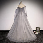 Grey Shiny Elegant Long Sleeves Long Tulle Prom Dress Formal Dress Evening Gown Graduation Dress
