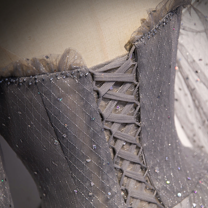 Grey Shiny Elegant Long Sleeves Long Tulle Prom Dress Formal Dress Evening Gown Graduation Dress