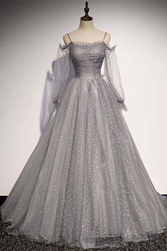 Grey Shiny Elegant Long Sleeves Long Tulle Prom Dress Formal Dress Evening Gown Graduation Dress Main image