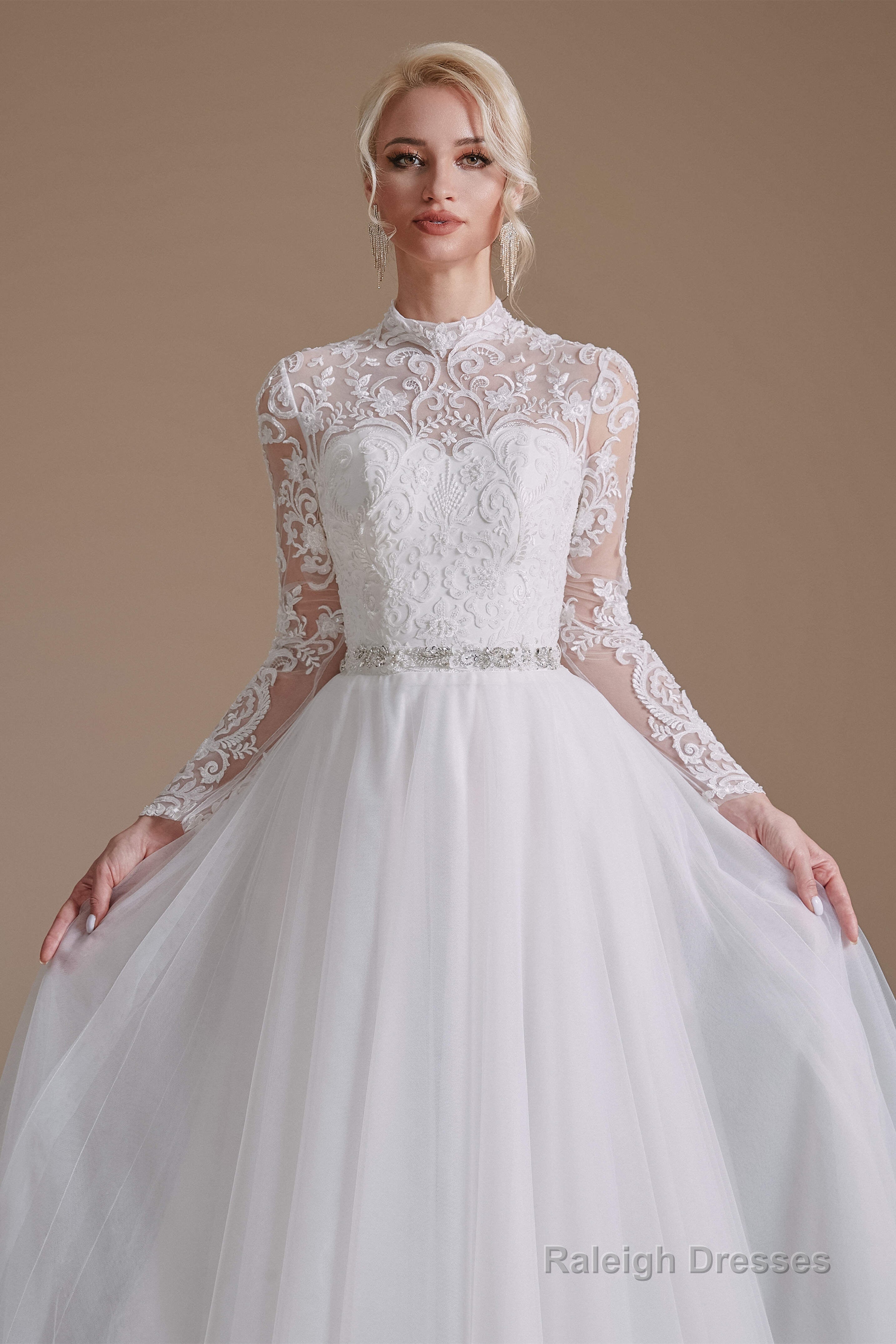 Long Sleeves High Neck with Tulle Train Full A-Line Wedding Dresses Main image