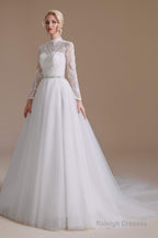 Long Sleeves High Neck with Tulle Train Full A-Line Wedding Dresses