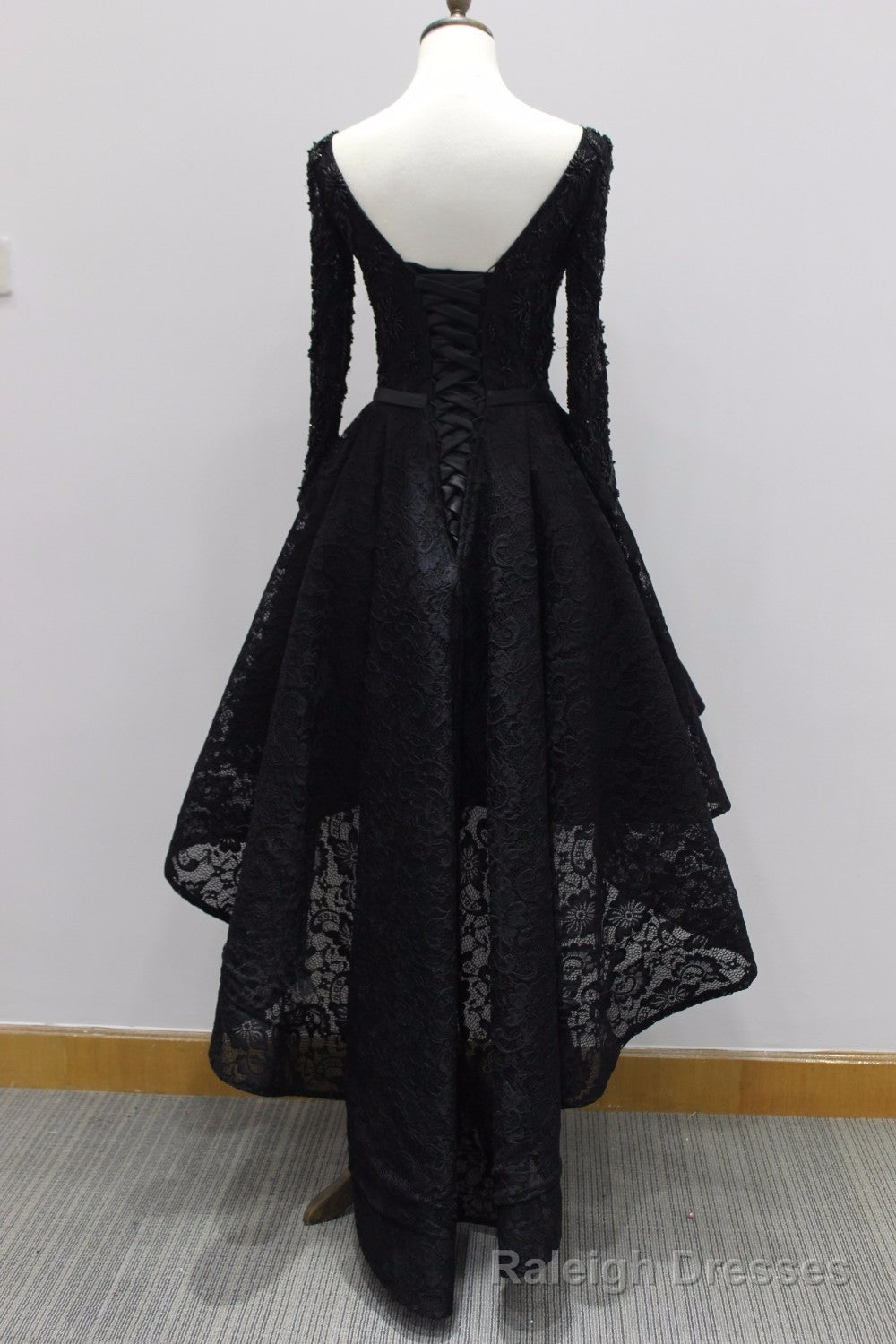 Long Sleeves Lace High Low Party Dress , Beaded Black Evening Dress Secondary image